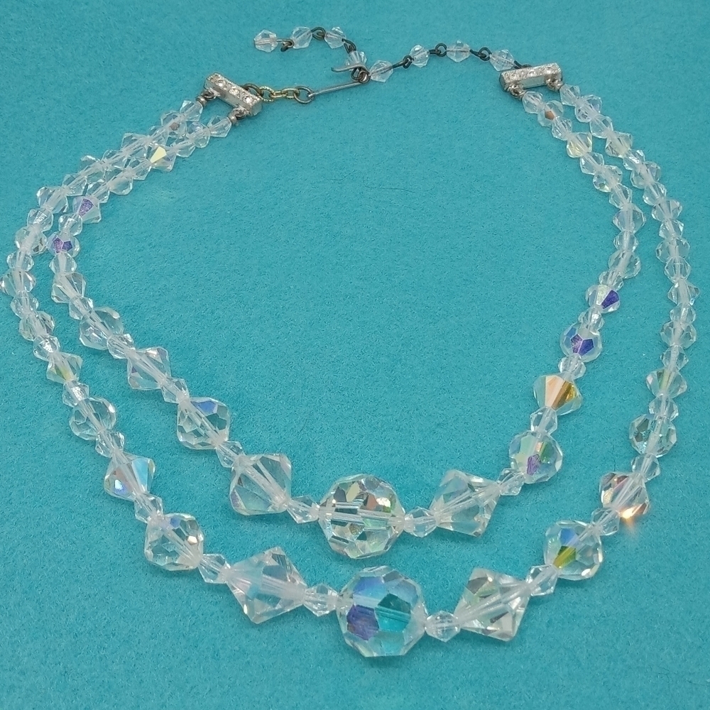 * vintage double strand Aurora Borealis glass crystal bead necklace 16"